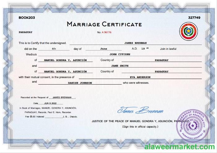 Paraguay marriage certificate Word and PDF template